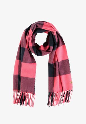 Pink and dark blue plaid scarf made of soft material, featuring fringed ends and a small branded tag.