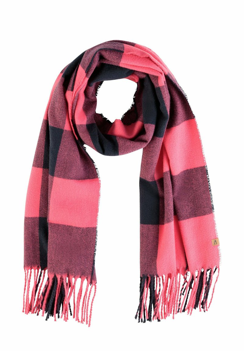Rosa und dunkelblaue karierte Schal aus weichem Material, mit fransenförmigen Enden und einem kleinen Markenetikett.