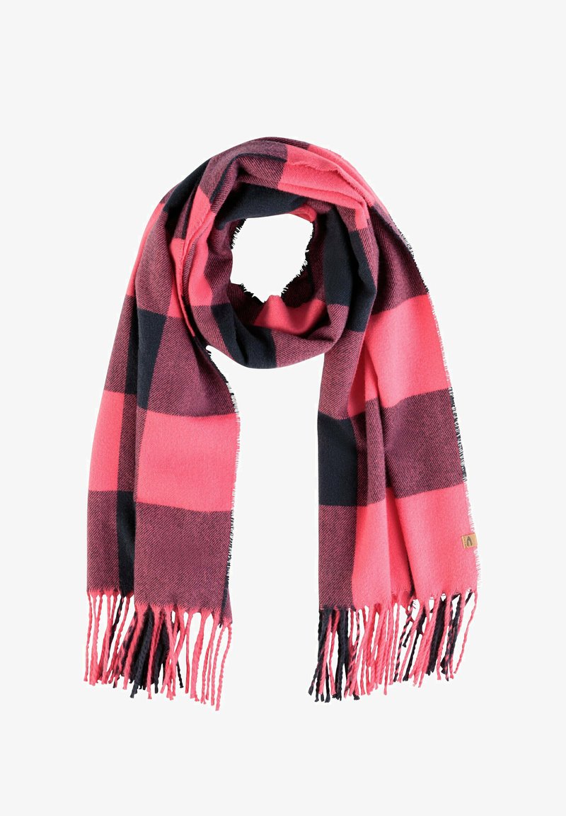 Roze en donkerblauwe geruite sjaal van zacht materiaal, met gefranjitte uiteinden en een klein merklabel.