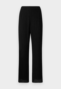 Zwarte, wijde broek met een geplooide textuur en een elastische tailleband. De stof is lichtgewicht en vloeiend, met een rechte snit tot onderaan.