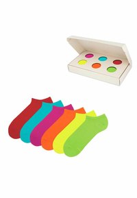 Zestaw sześciu skarpetek do kostek w różnych kolorach: czerwonym, turkusowym, różowym, pomarańczowym, neonowożółtym i zielonym. Zapakowane w białe pudełko w kolorowe kropki.