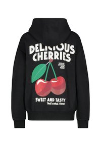 Black hoodie featuring a graphic of two cherries with green leaves. Text reads "DELICIOUS CHERRIES" and "SWEET AND TASTY" in bold white.