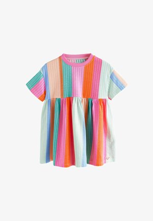 Rebrasti pamučni majica u pastelnim bojama, s vertikalnim prugama, kratkim rukavima i nabrano strukiranom. Oznaka na rubu.
