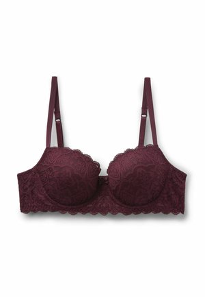 Bordeauxfarbener Spitzen-BH mit gewellten Rändern, Bügelcups und verstellbaren Trägern. Das Gewebe ist mit einem dekorativen Blumenmuster bedeckt.