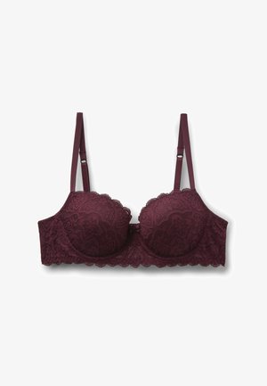 Bordeauxfarbener Spitzen-BH mit gewellten Rändern, Bügelcups und verstellbaren Trägern. Das Gewebe ist mit einem dekorativen Blumenmuster bedeckt.