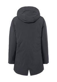 Zwarte lange mouwen hoodie-jacket met een split aan de achterkant, rechte snit en naaddetails, van achteren weergegeven op een witte achtergrond.