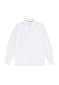 Camicia bianca a maniche lunghe realizzata in tessuto morbido, con colletto classico, chiusura frontale con bottoni e polsini con bottone, dal taglio rilassato.