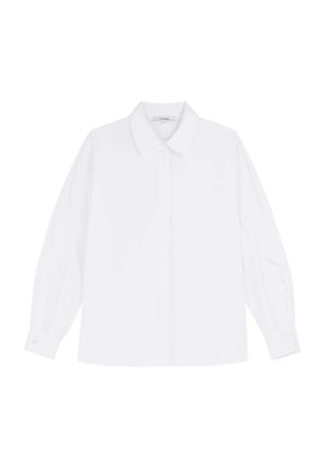 Camicia bianca a maniche lunghe realizzata in tessuto morbido, con colletto classico, chiusura frontale con bottoni e polsini con bottone, dal taglio rilassato.