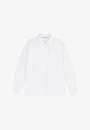 White long-sleeve shirt made of smooth fabric, featuring a classic collar, button-down front, and buttoned cuffs with a relaxed fit.