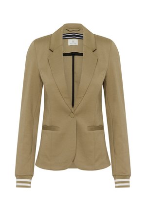 Blazer beige pour femme avec un seul bouton, des revers crantés, deux poches avant, et des poignets côtelés avec des rayures blanches.