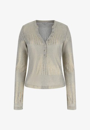 Grijze gebreide trui met een V-hals en knoopsluiting, met verticale streeppatronen en lange mouwen. Zachte textuur.