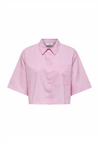 Afklippet kortærmet skjorte i lys pink med hvide lodrette striber. Har spidse kraver, frontknaplukning og en brystlomme.
