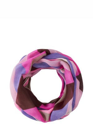 Écharpe circulaire avec de larges rayures rose, violet, beige et marron, disposée en boucle sur un fond blanc.