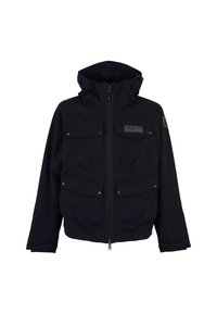 Zwarte hooded jas met voorrits, vier klepzakken met knopen en een "NAPA" patch op de bovenste rechterborst.