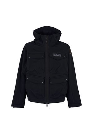 Zwarte hooded jas met voorrits, vier klepzakken met knopen en een "NAPA" patch op de bovenste rechterborst.
