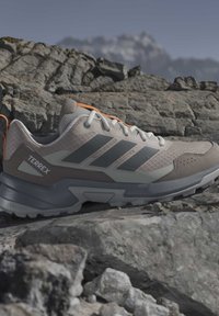 Ανοιχτό καφέ και γκρι ορειβατικό παπούτσι Adidas Terrex σε βραχώδες έδαφος με θολές κορυφές βουνών στο φόντο κάτω από καθαρό ουρανό.