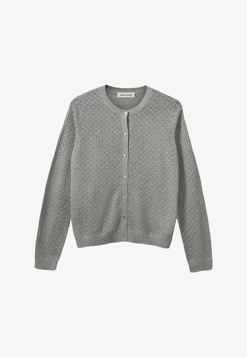 Cardigan lavorato a maglia grigio chiaro con un motivo testurizzato, scollo rotondo e chiusura frontale a bottoni. Presenta maniche lunghe e polsini a costine.