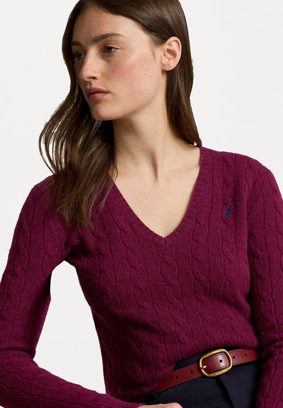 Polo Ralph Lauren CABLE KNIT WOOL CASHMERE V-NECK SWEATER - Pulóver - plum heather