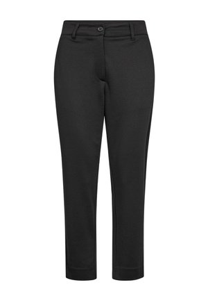 Melnas taisnas bikses ar pogu un rāvējslēdža aizdari, jostas cilpām un aplocītiem bikses galiem.