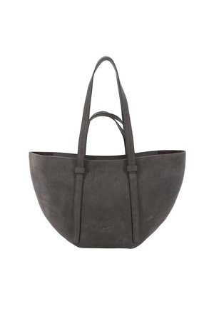 Sac fourre-tout en daim gris avec une forme arrondie, doté de longues poignées et d'un matériel minimal. Texture lisse avec un léger éclat.