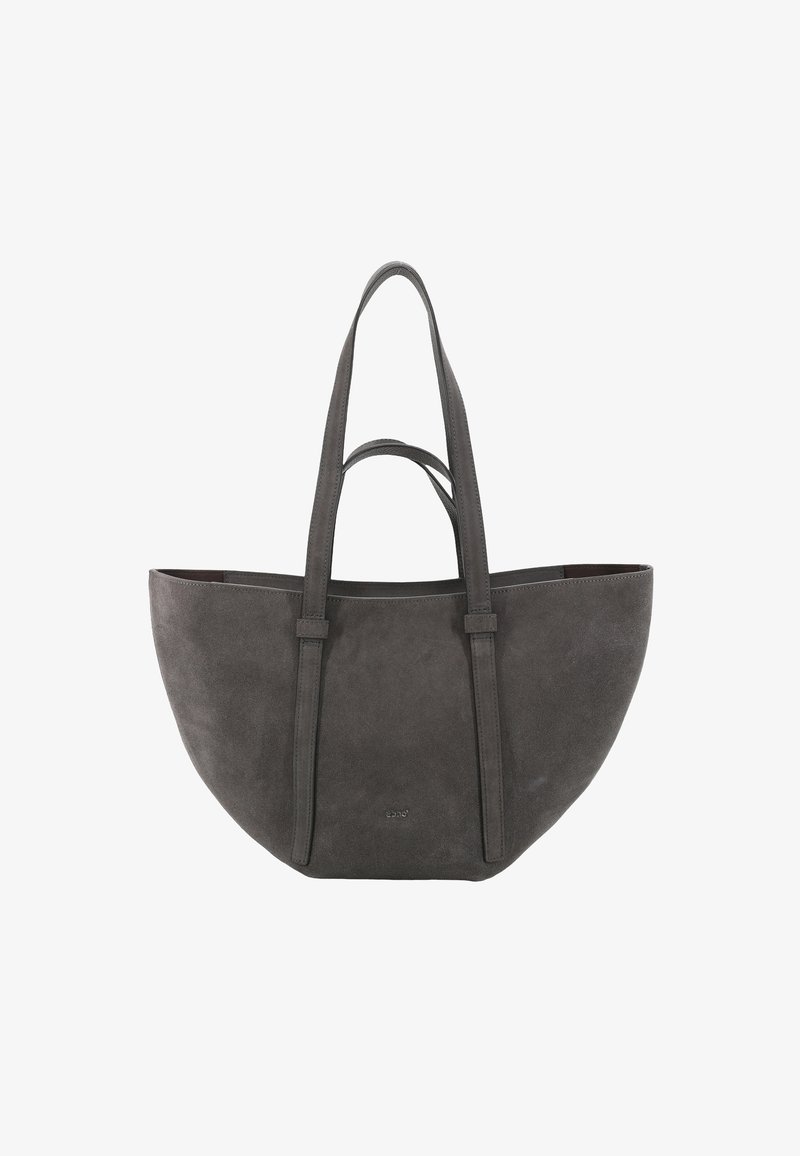 Graue Wildleder-Tote-Tasche mit einer runden Form, ausgestattet mit langen Trägern und minimaler Hardware. Sanfte Textur mit einem subtilen Glanz.