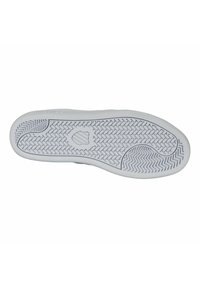 Suola di una scarpa realizzata in gomma bianca, con un motivo a trama testurizzata per una migliore aderenza, comprensiva di un logo centrale e di una forma curvata.