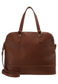 Brown leather handbag with a smooth texture, rounded top, dual handles, and a detachable shoulder strap. Features gold-tone hardware.