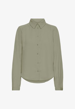 Light olive green long-sleeve blouse with pointed collar, button-down front, and slightly gathered shoulders and cuffs.