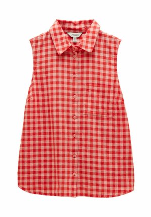 Ärmelloses rot-weiß kariertes Hemd zum Knöpfen mit Kragen und vorderer Tasche.