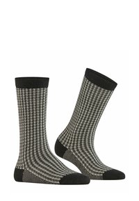 Schwarze und graue Socken mit einem strukturierten Hahnentrittmuster, geripptem Bündchen sowie verstärktem Fersen- und Zehenbereich für Langlebigkeit.