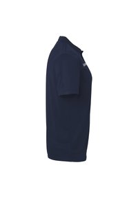 Marineblauw polo-shirt met korte mouwen en een omgeslagen kraag. Gemaakt van een gladde stof, met een klein logo op de linkerborst.