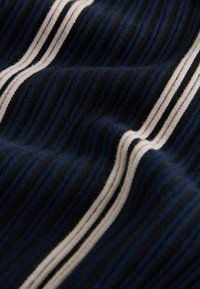 Tissu côtelé bleu marine avec des rayures verticales fines alternées blanches et noires, montrant la texture et de légers plis.