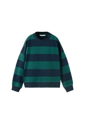 Langärmeliger Rundhalsausschnitt-Pullover mit breiten horizontalen dunkelgrünen und marineblauen Streifen sowie gerippten Bündchen und Saum.