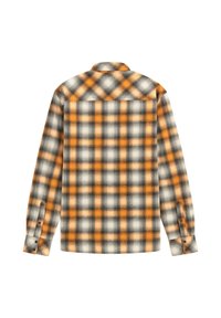 Camicia di flanella a quadri arancione, nera e grigia con maniche lunghe, polsini con bottoni e orlo dritto. Texture morbida con motivo a scacchi.