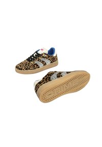 Sneakers con stampa leopardata e design glitter argento, lacci neri e suola in gomma beige. Fodera interna blu e dettagli bianchi.