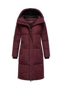 Long maroon padded winter coat with hood, front zipper, snap buttons, side pockets, and black inner cuffs.