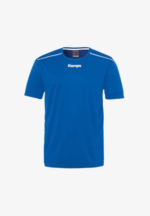 Blå sports T-shirt lavet af letvægtsstof, med rund hals, korte ærmer og hvide detaljer på skuldrene. "Kempa"-logoet er vist.