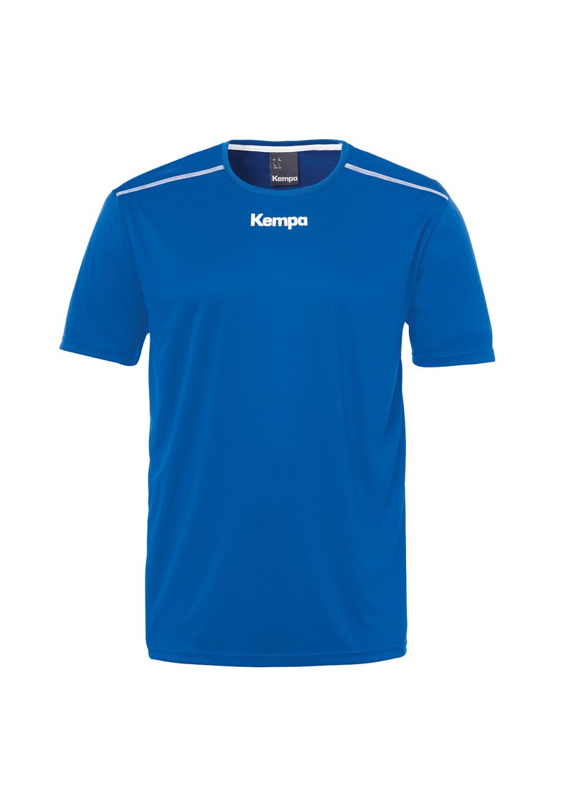 T-shirt de sport bleu en tissu léger, avec un col rond, des manches courtes et des accents blancs sur les épaules. Logo "Kempa" affiché.