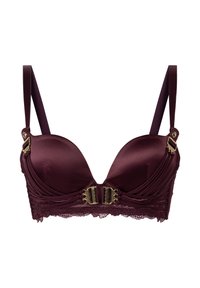 Soutien-gorge push-up satiné bordeaux avec des accents en dentelle. Doté de doubles boucles au centre et de bretelles ajustables pour un maintien optimal.