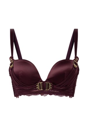 Maronde satijnen push-up beha met kanten accenten. Beschikt over dubbele gespen in het midden en verstelbare bandjes voor een veilige pasvorm.