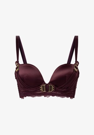 Soutien-gorge push-up satiné bordeaux avec des accents en dentelle. Doté de doubles boucles au centre et de bretelles ajustables pour un maintien optimal.