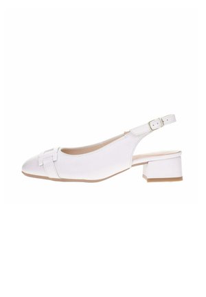 White slingback shoe with a rounded toe, featuring a small bow accent and a low block heel. Made of smooth leather with minimal stitching.