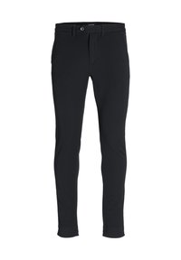 Černé slim-fit kalhoty vyrobené z hladké tkaniny. Mají standardní pas, přední kapsu a zapínání na zip s jedním tlačítkem.