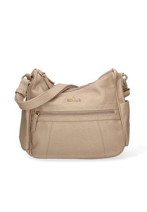 Beige Schultertasche aus Leder mit strukturierter Oberfläche, goldenen Beschlägen, einem mit Reißverschluss versehenen Hauptfach und einer Außentasche für zusätzlichen Stauraum.