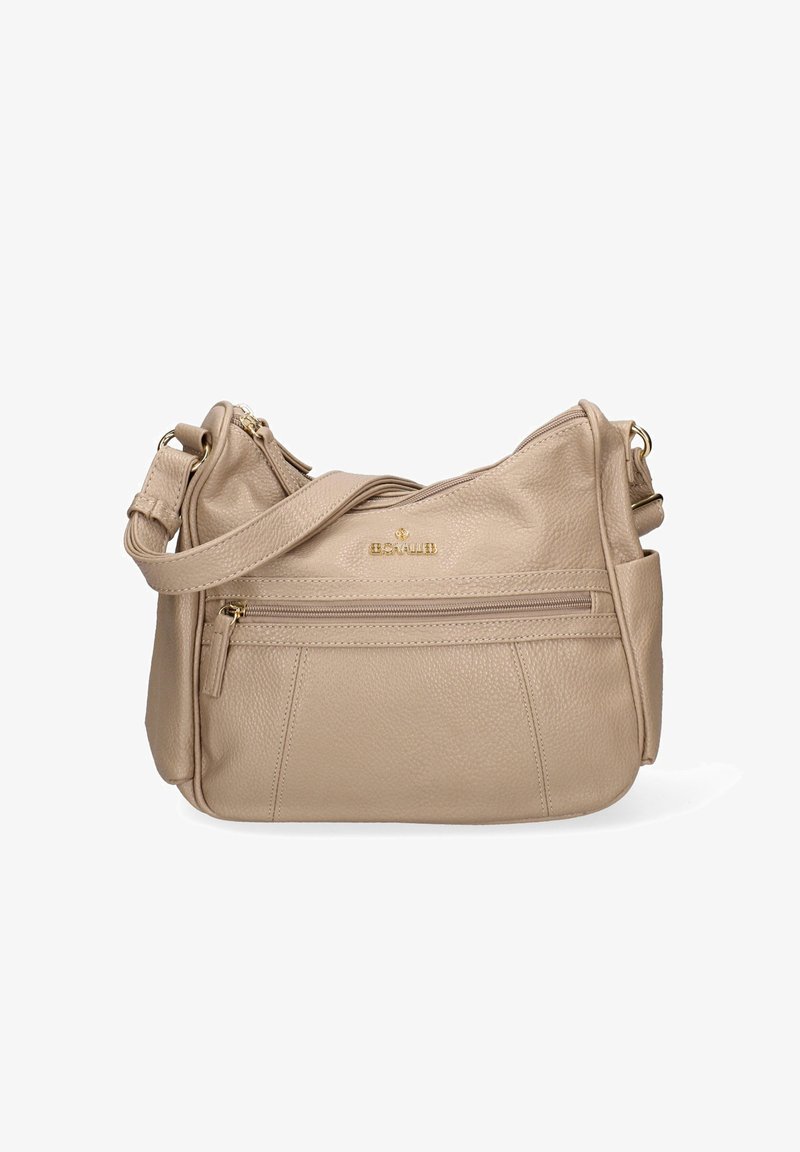 Borsa a spalla in pelle beige con finitura testurizzata, hardware dorato, scomparto principale con zip e tasca esterna per riporre gli oggetti.