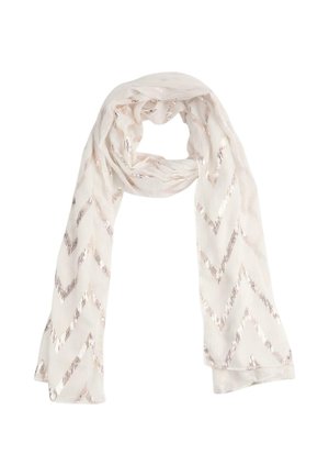 Sciarpa beige chiaro con motivo a zigzag metallizzato color oro rosa, annodata con un giro morbido e le estremità pendenti.