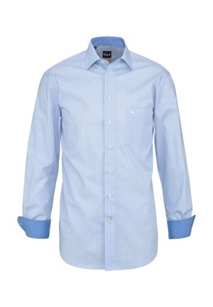 Camicia da uomo azzurro chiaro con motivo geometrico sottile, colletto aperto e polsini interni e fodera del colletto in blu scuro a contrasto.