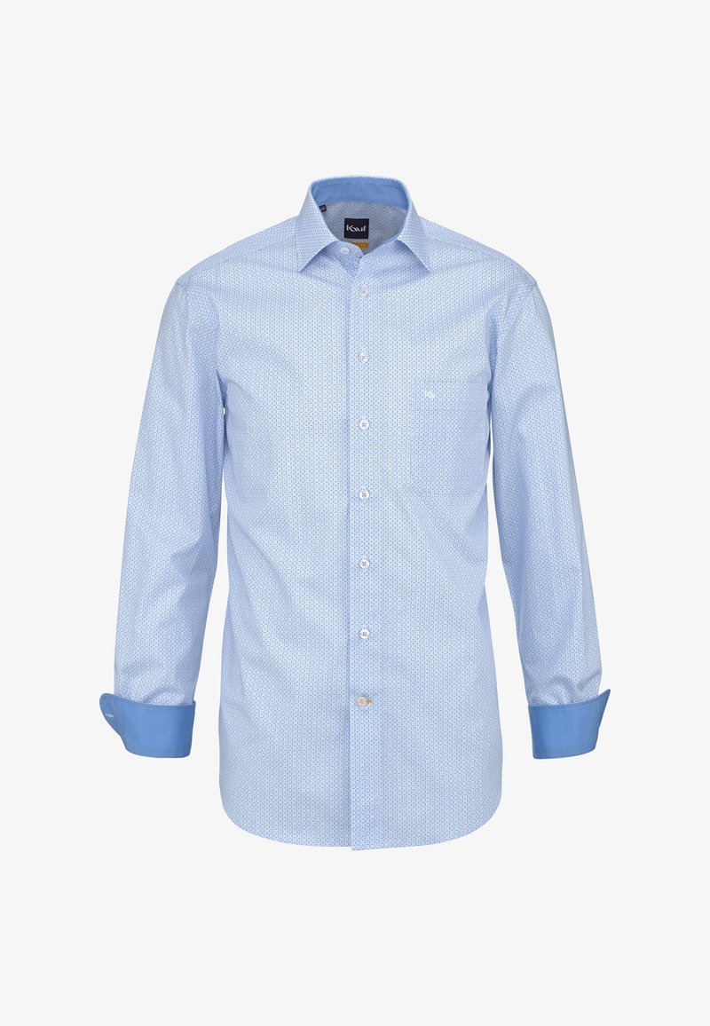 Chemise pour hommes bleu clair à boutons avec motif géométrique subtil, col évasé, et doublure intérieure des poignets et du col en bleu plus foncé contrastant.