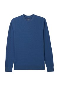 Blauwe geribbelde gebreide trui met een ronde halslijn en lange mouwen. Kenmerkend is de licht gestructureerde oppervlakte en een rechte zoom.