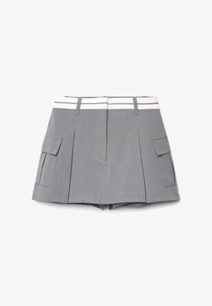 Gray pleated mini skirt with white waistband and side cargo pockets, laid flat on a white background.